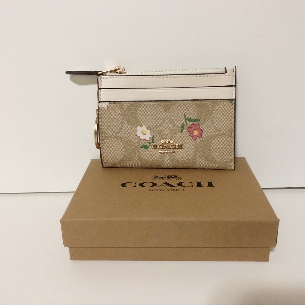 🌸New Coach Mini Skinny Floral Print Card Holder I’d Case With Box